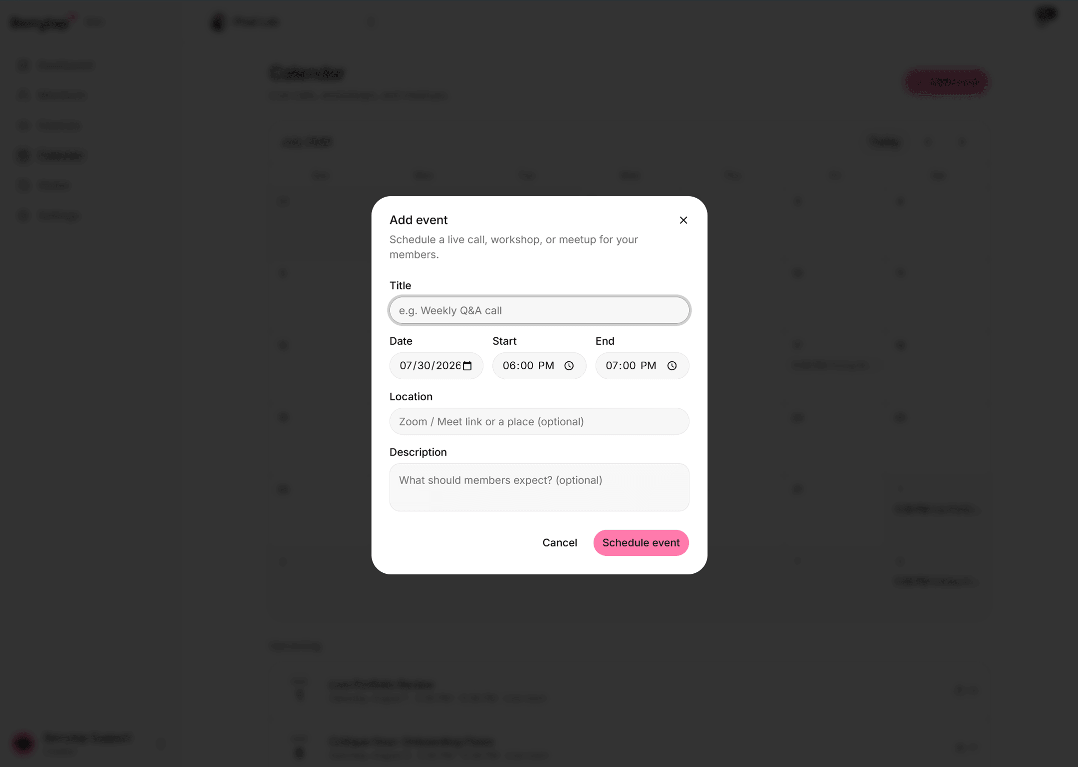 The Create event form with fields for title, date and time, and description.