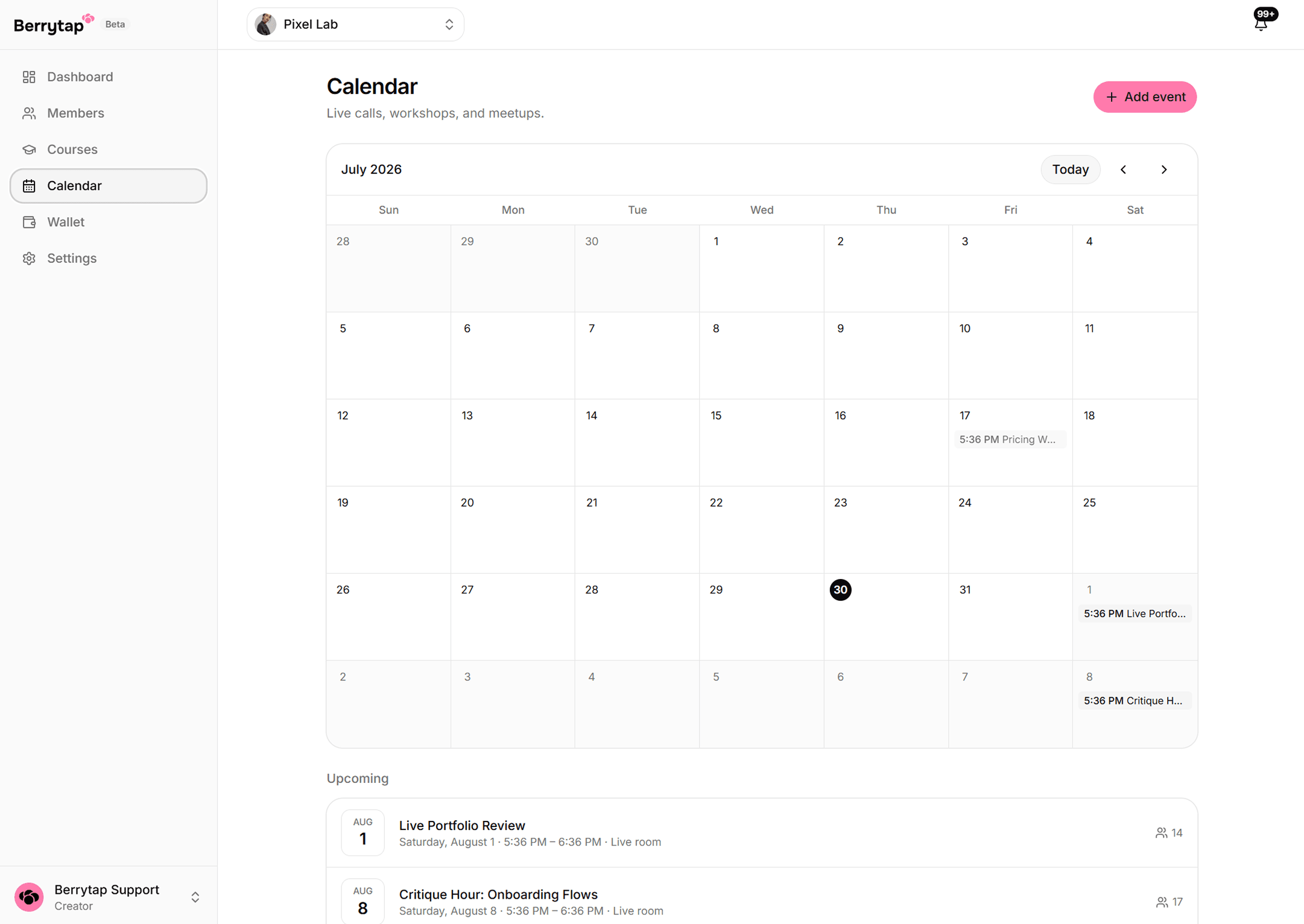 The creator's Calendar page listing scheduled events with a Create event button.