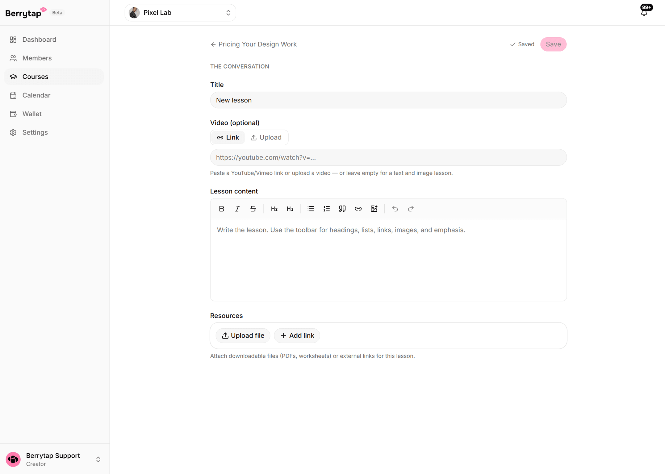 The Add Lesson form inside a module, with fields for the lesson title, body, video and resources.