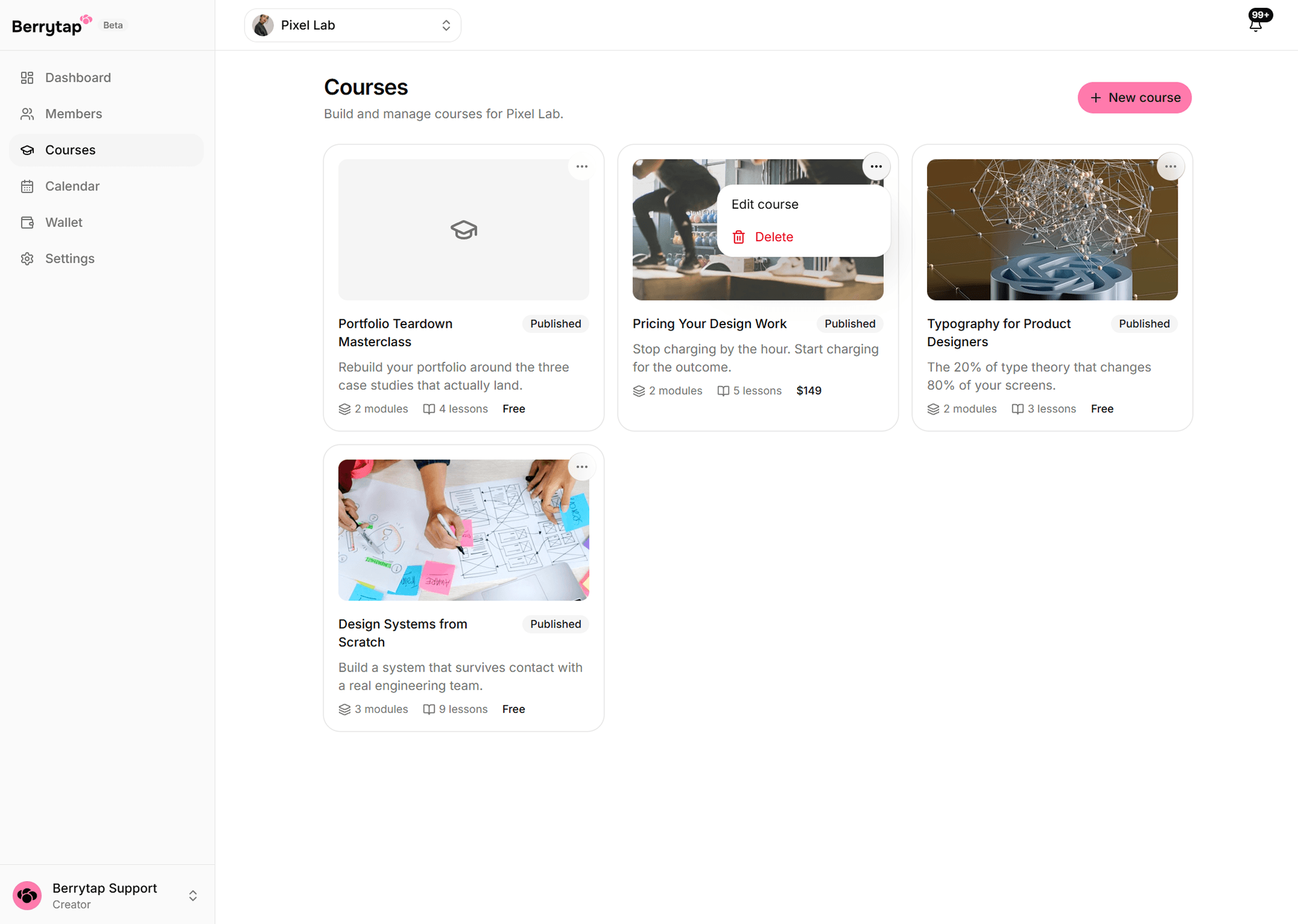 A course card's three-dot menu open, offering Edit course and Delete.