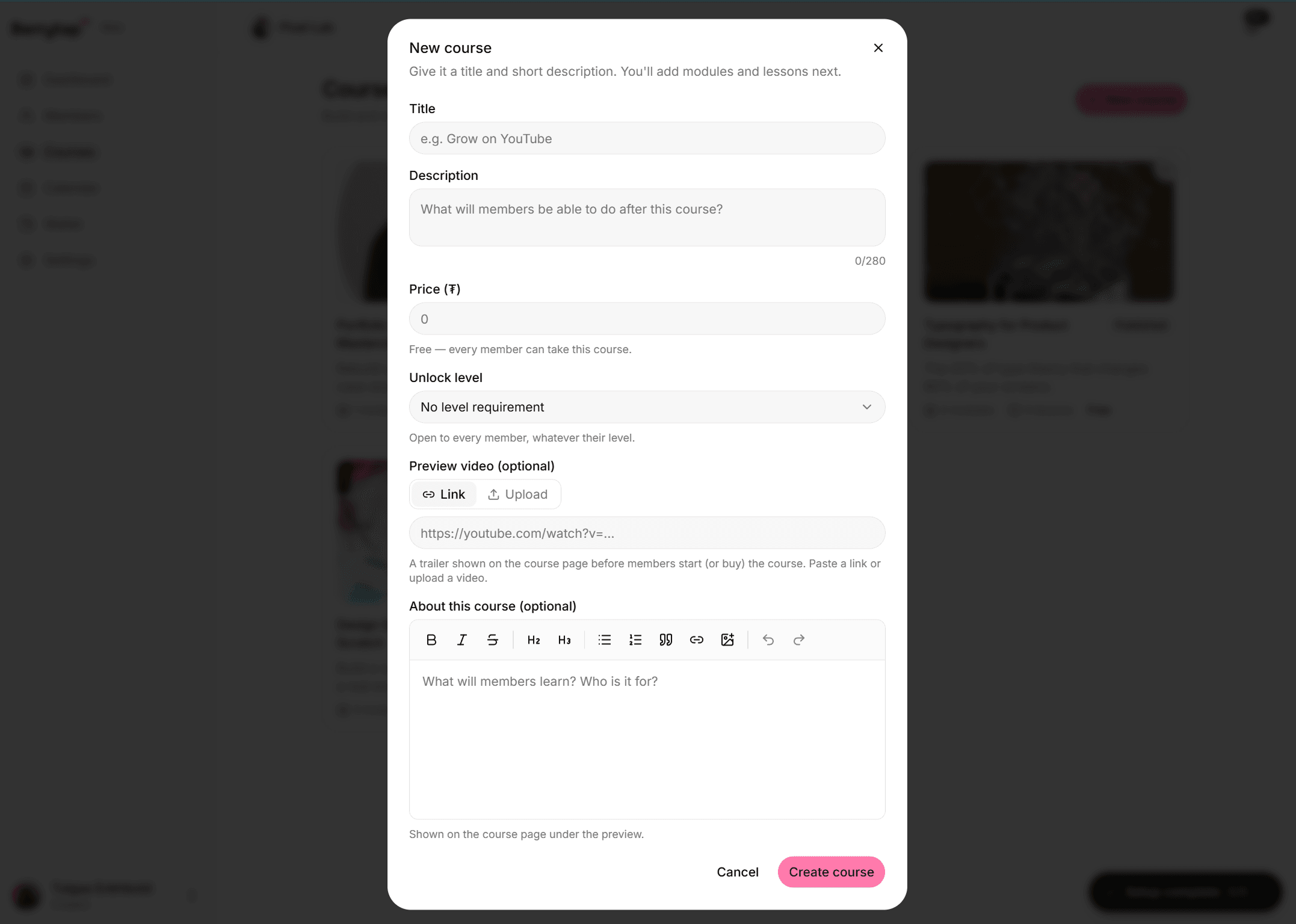 The New Course form with fields for title, description, thumbnail and category.