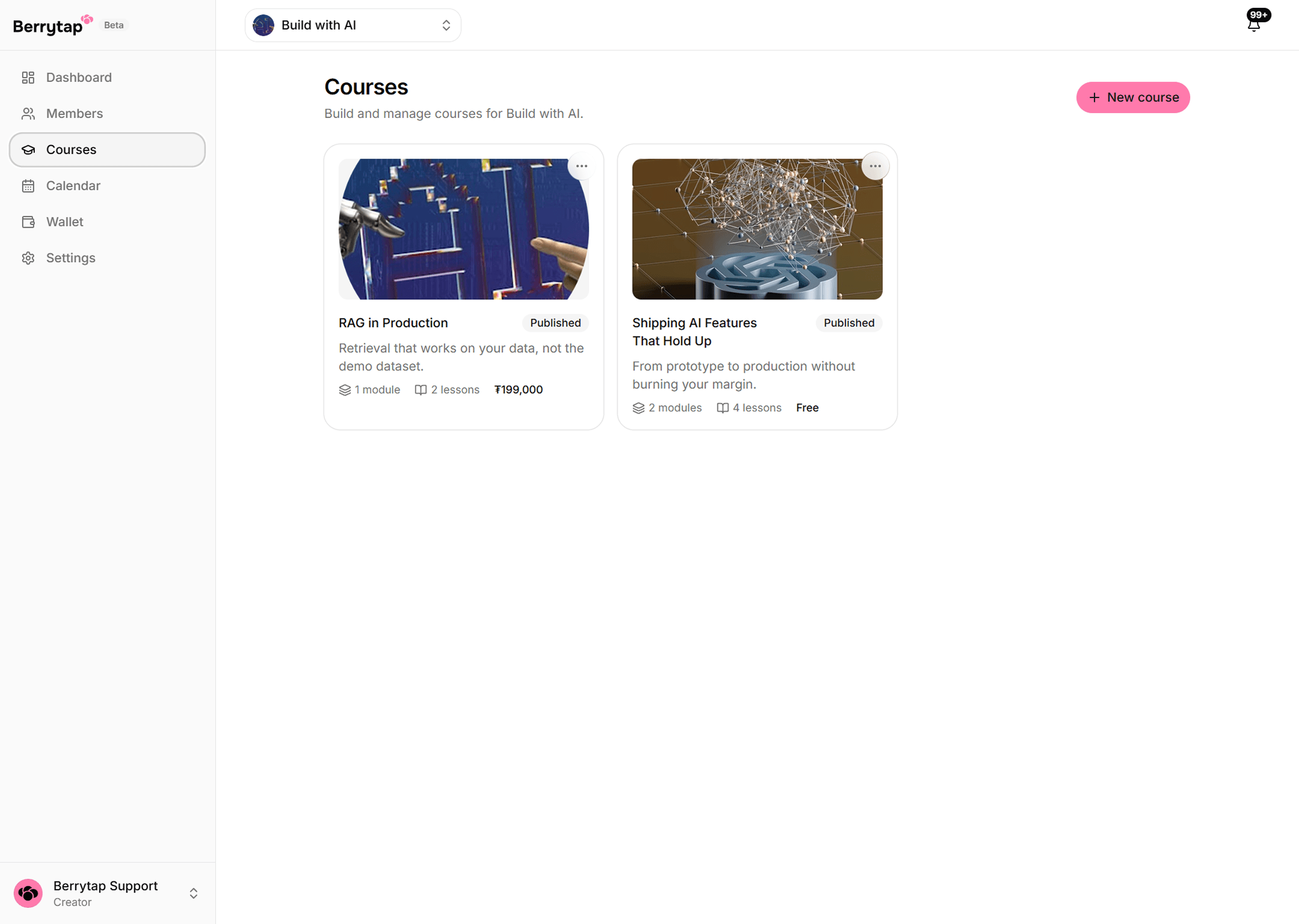 The Courses dashboard as a grid of course cards, each showing its cover image, title, published state, module and lesson counts, and price.