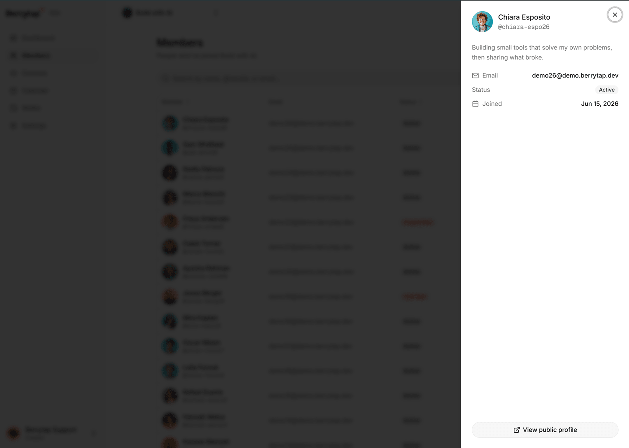 A single member's detail panel showing their profile, join date, active subscription and payment history.