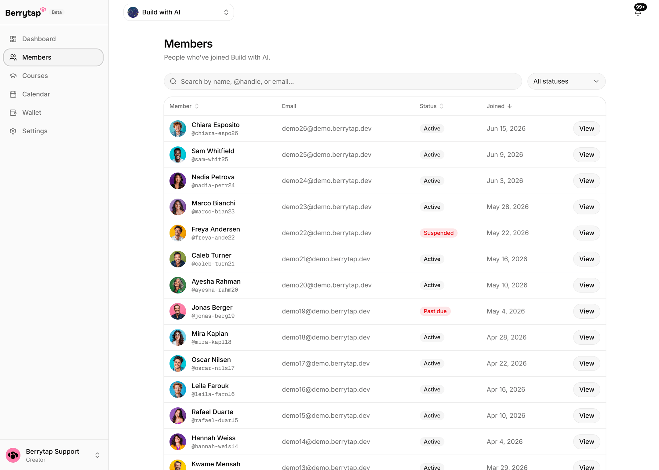 The creator's Members page listing every member with their avatar, name, join date, subscription status and email, above a status filter and search box.
