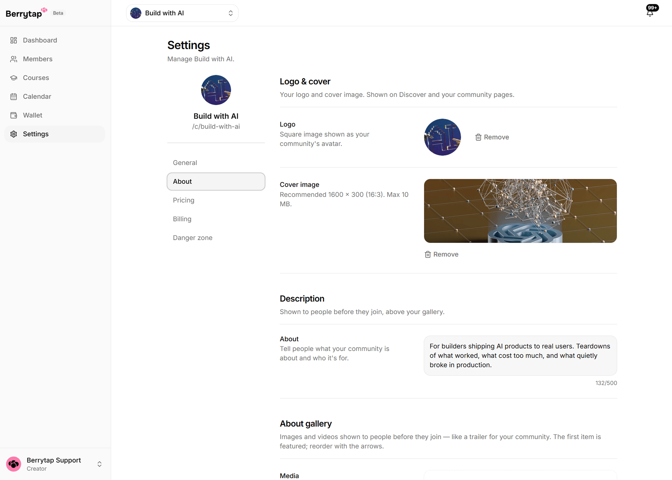 The community About settings, with the rich-text about section and media for the community landing page.