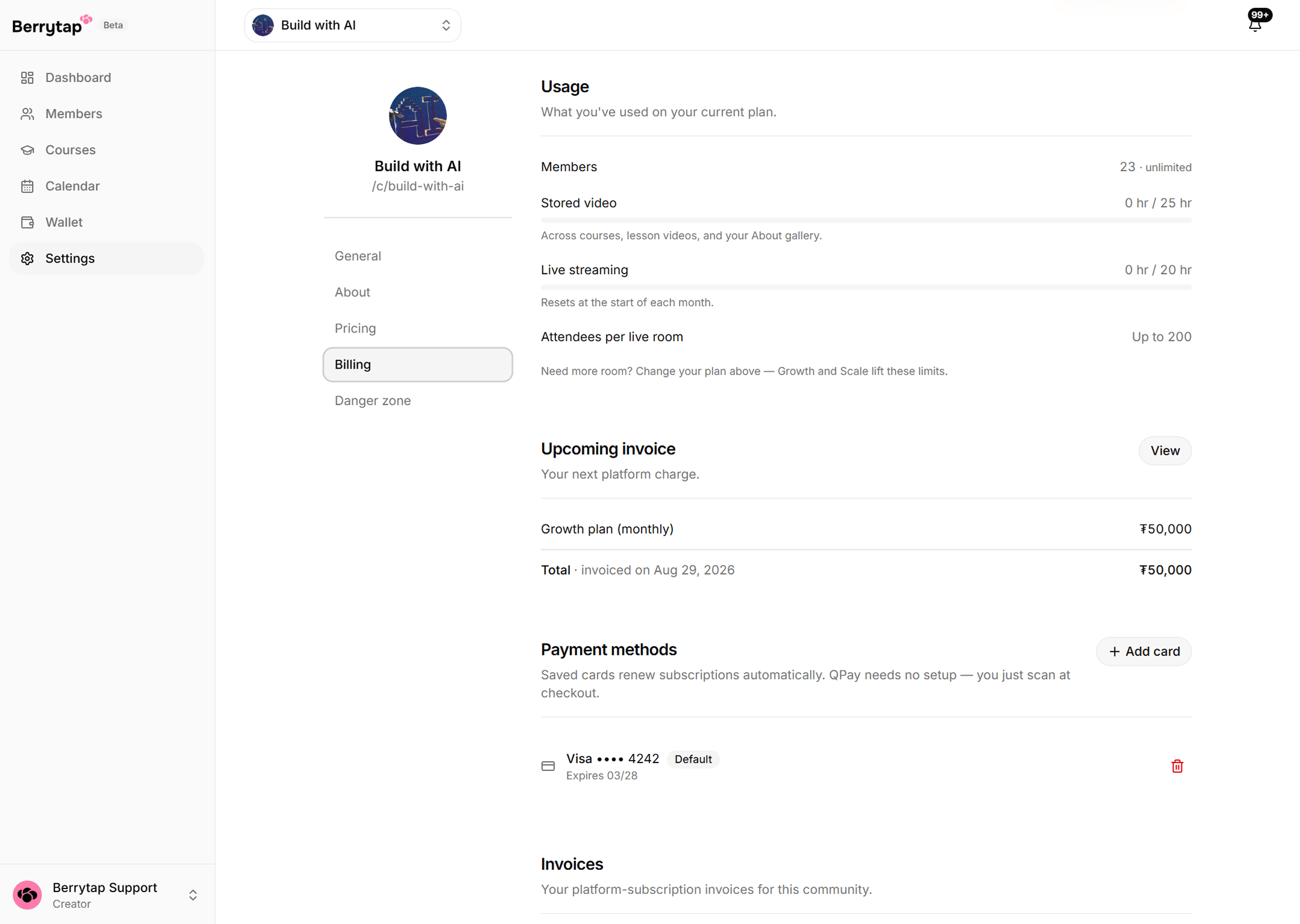 Further down the Billing settings, showing usage against the plan's limits and the invoice history.