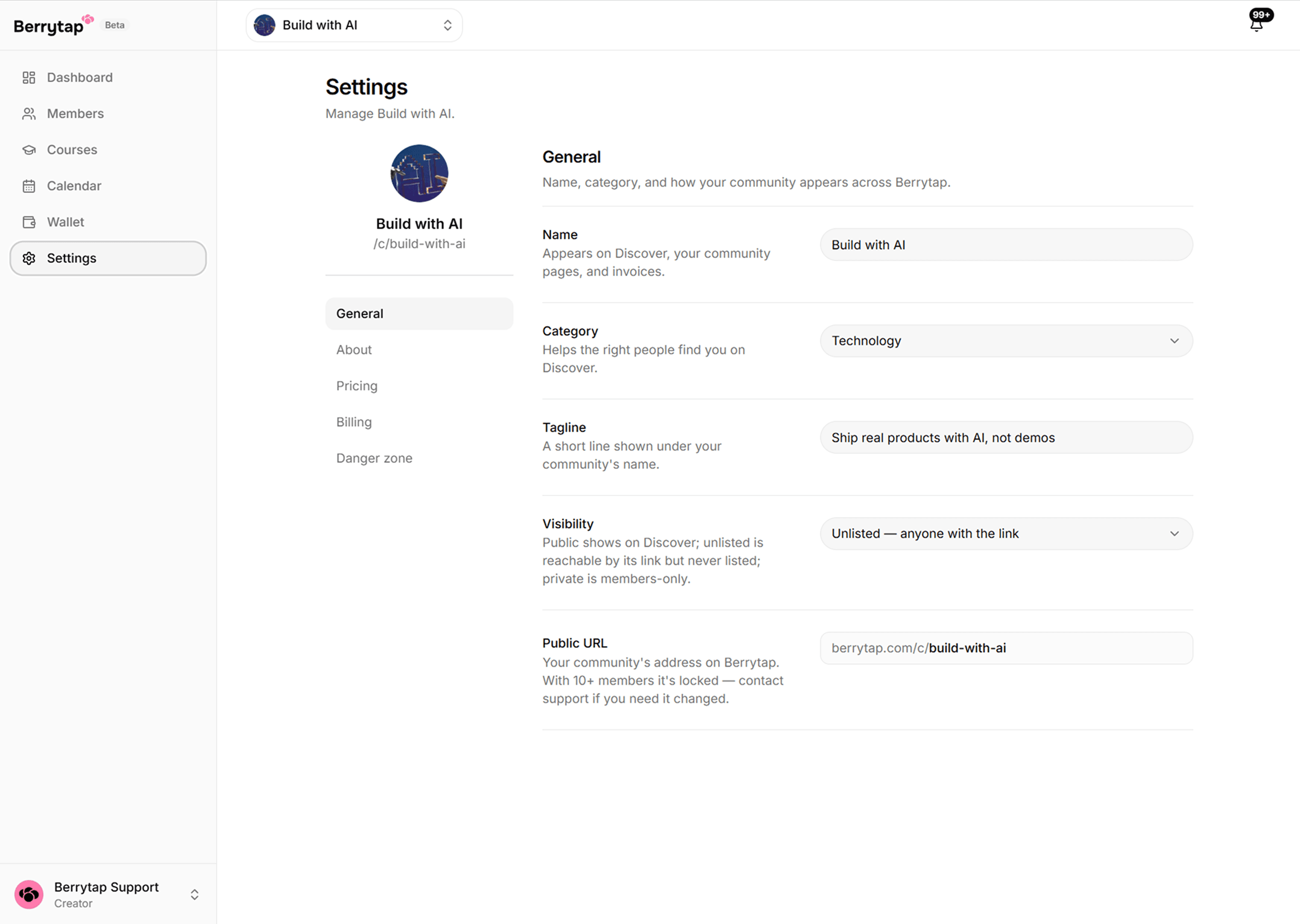 The community General settings, including the name, slug, category and the visibility control.