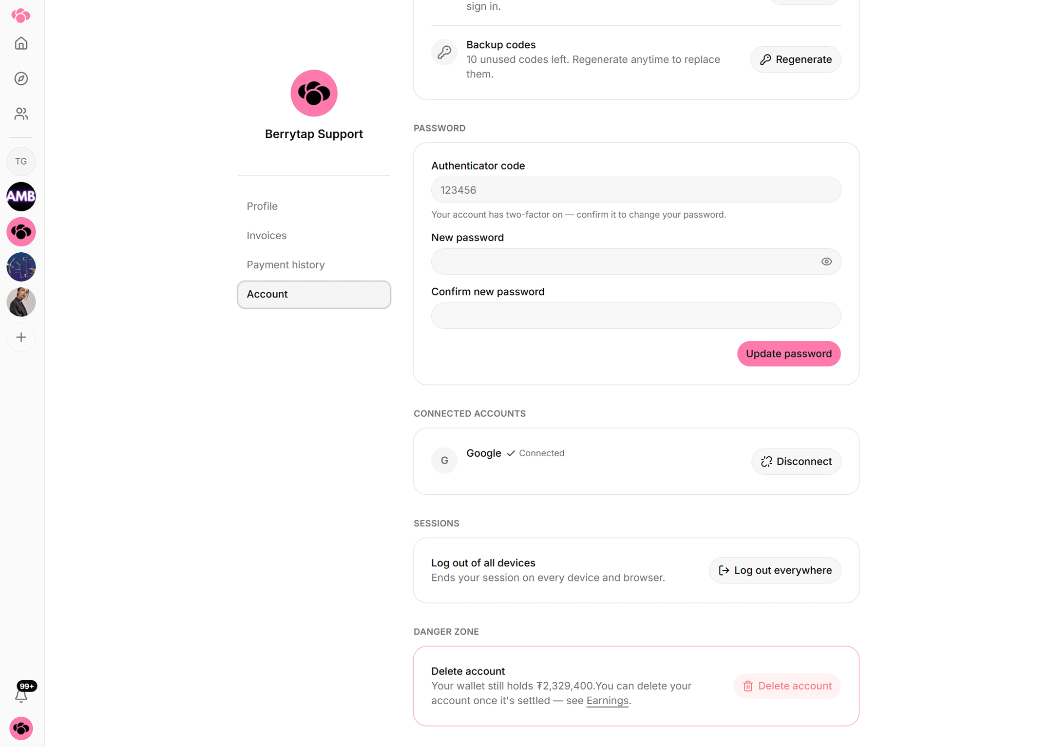 Further down the Account page: remaining backup codes with a Regenerate button, the password change form asking for an authenticator code, connected Google account, session sign-out and the delete-account danger zone.