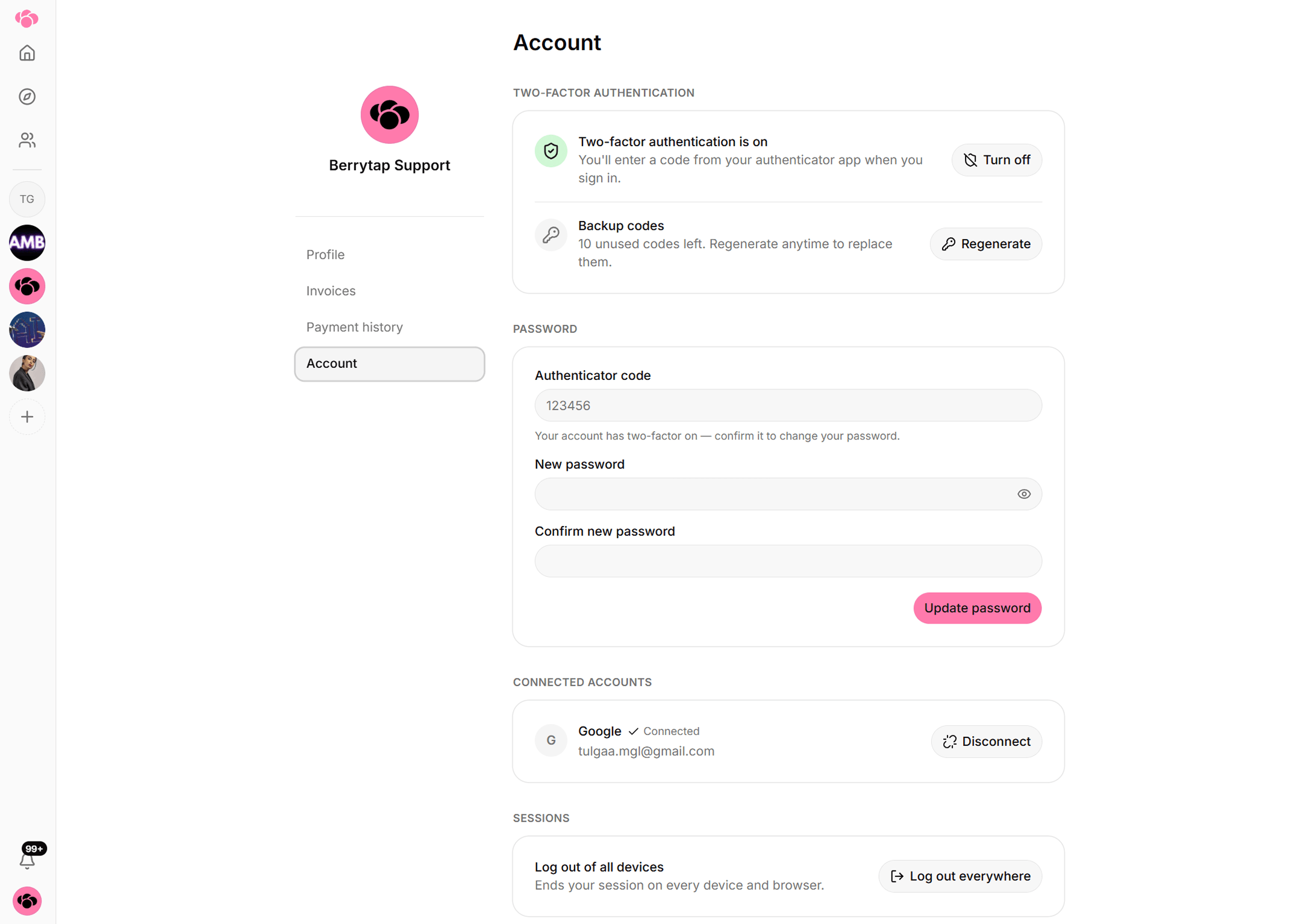 The Account settings page showing the email address, the two-factor authentication control and the sign-in methods on the account.