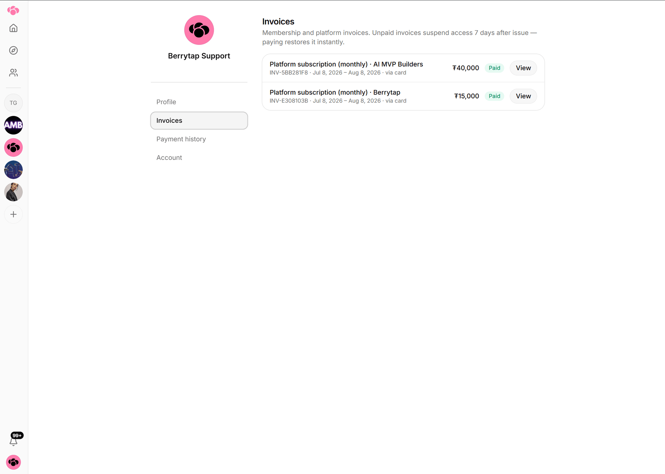 The Invoices list showing each invoice's community, amount, period and status.
