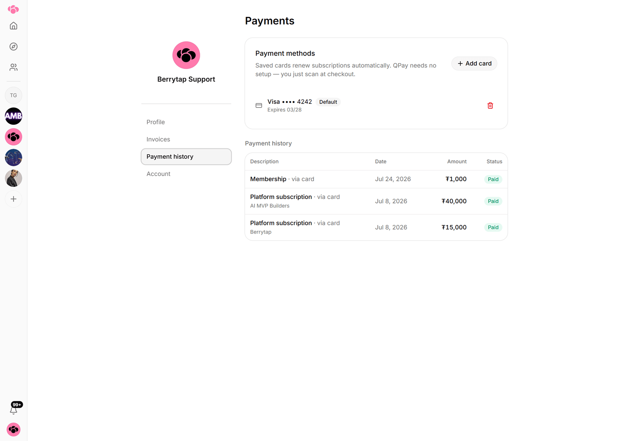 A member's Payment history listing each charge with its community, amount, date and payment method.
