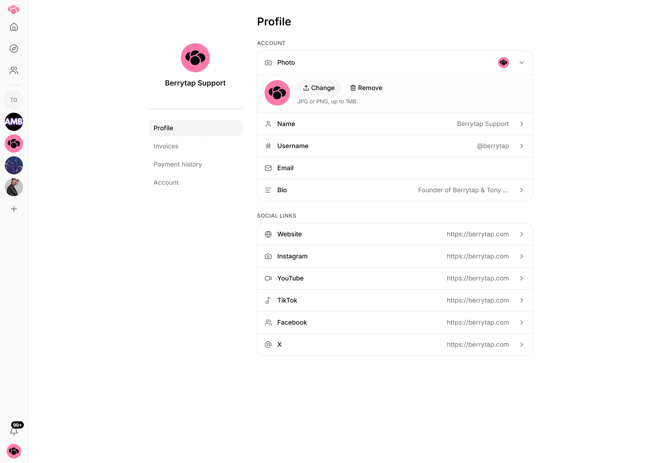 The Profile settings form with display name, handle, avatar, bio and social link fields.