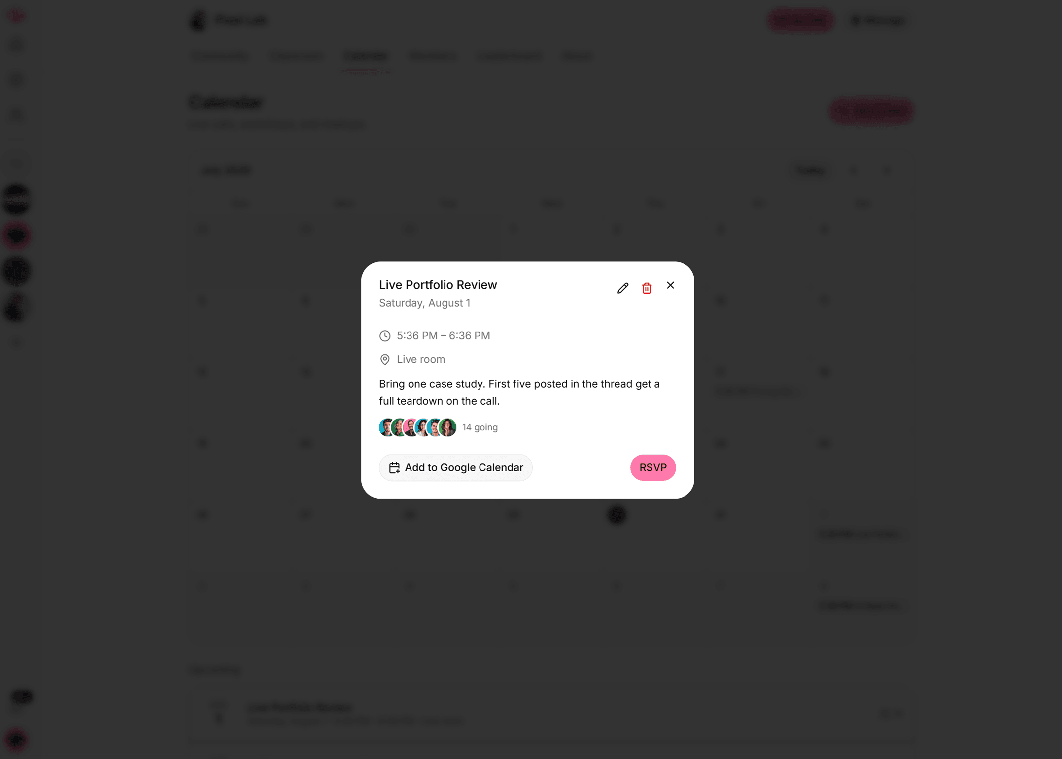An event's detail view with its full description, a Going button, and the list of members who have RSVP'd.