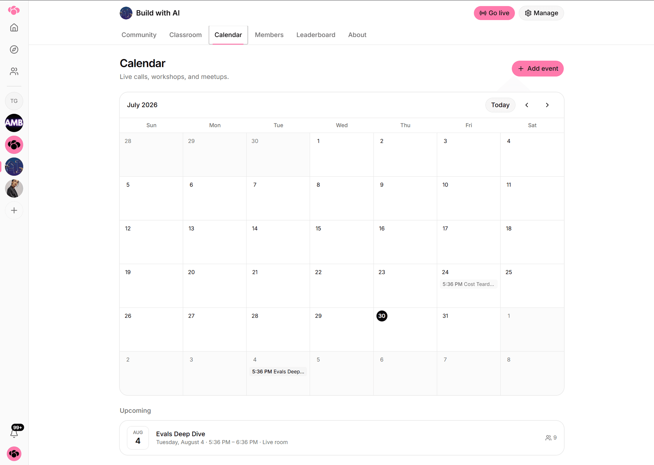 The community calendar listing upcoming events in chronological order.