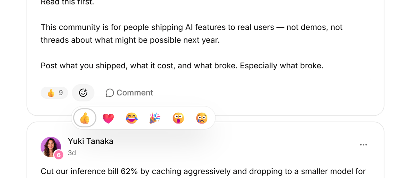 The emoji reaction row open beneath a post, with several reactions already added and their counts shown.
