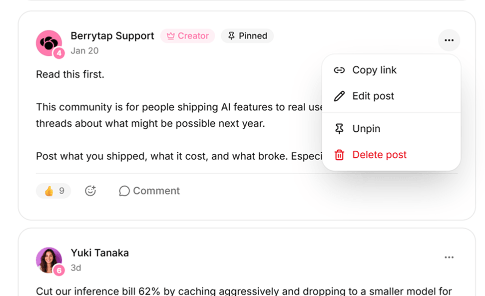 The options menu on your own post, showing Edit and Delete alongside the other actions.
