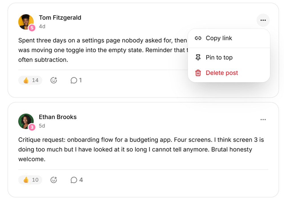 A post's three-dot options menu open, listing the moderation actions available on someone else's post.