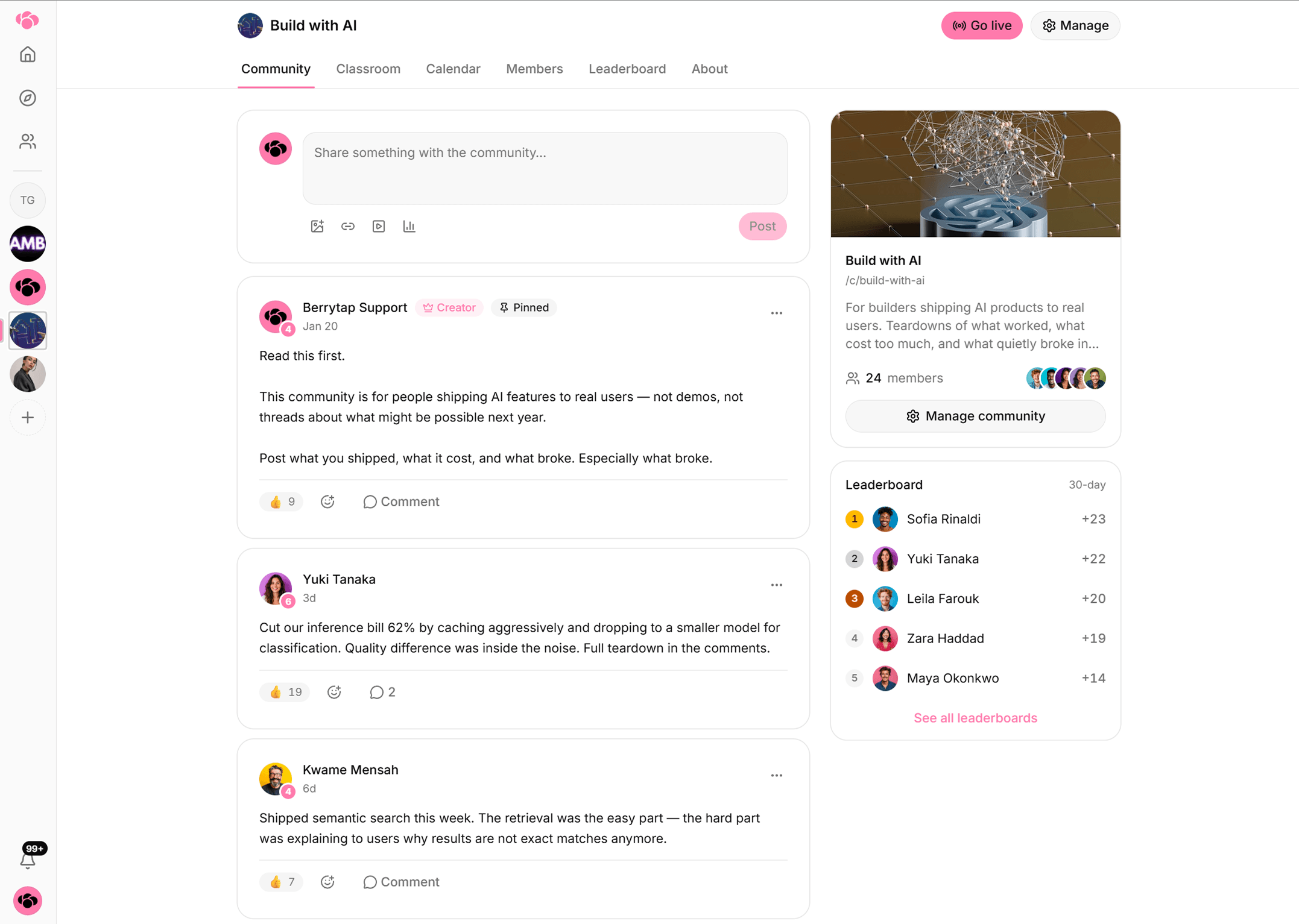 A Berrytap community's feed, with the post composer, a pinned post, member posts with reactions, and the community navigation.