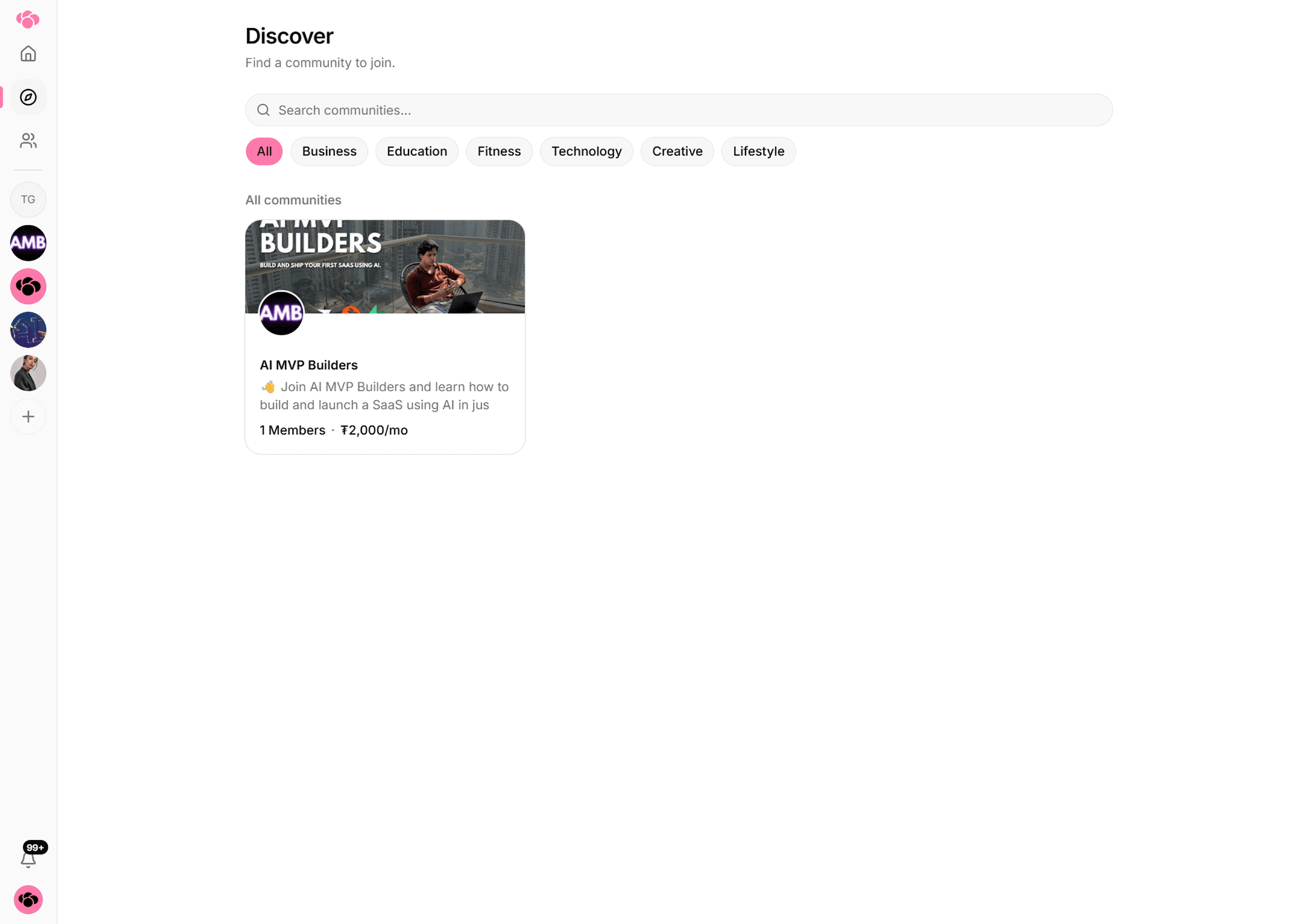 The Discover marketplace showing a grid of public community cards with their cover images, taglines, member counts and prices.