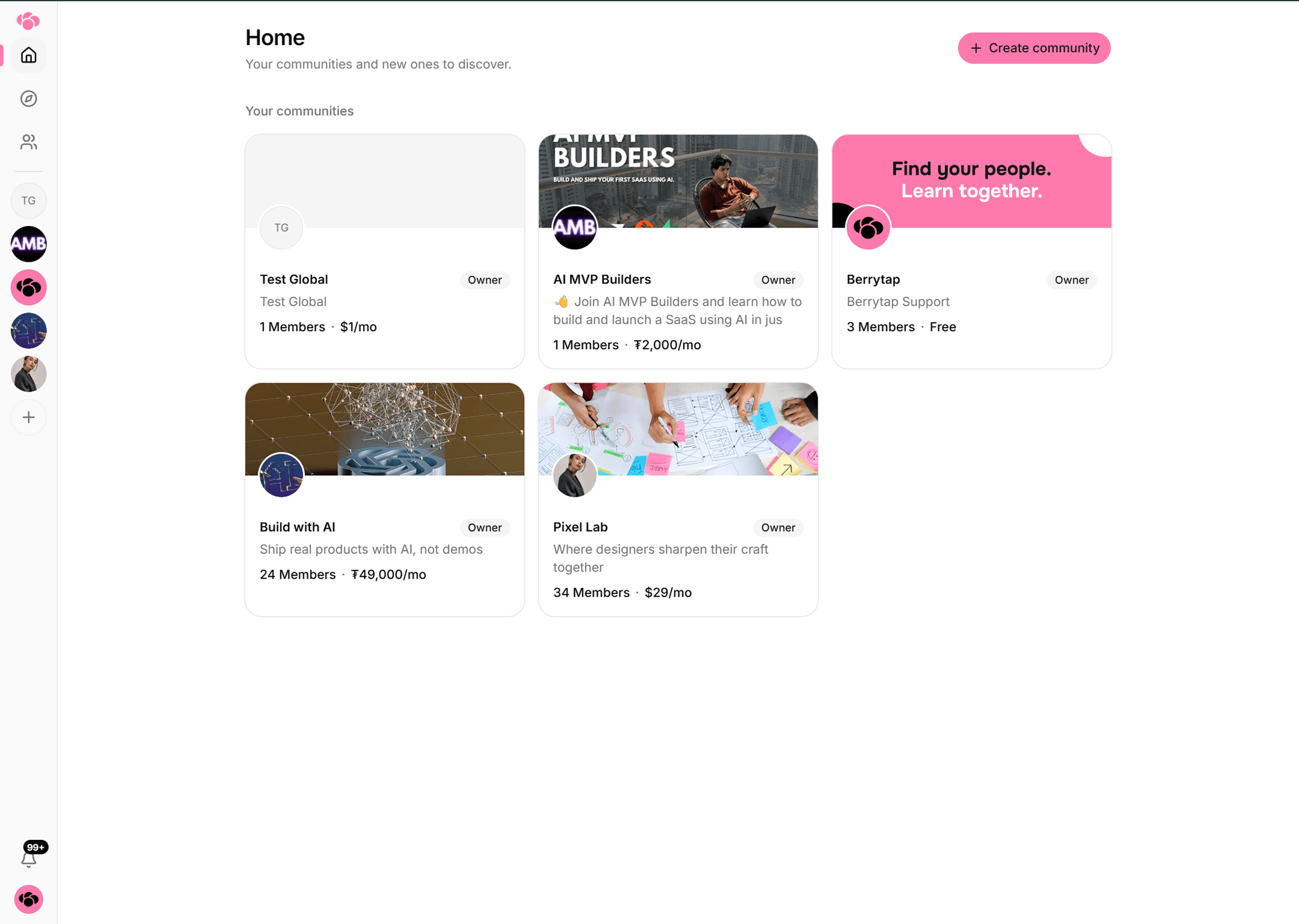 The member home screen listing every community the member belongs to, with the community switcher rail down the left edge.