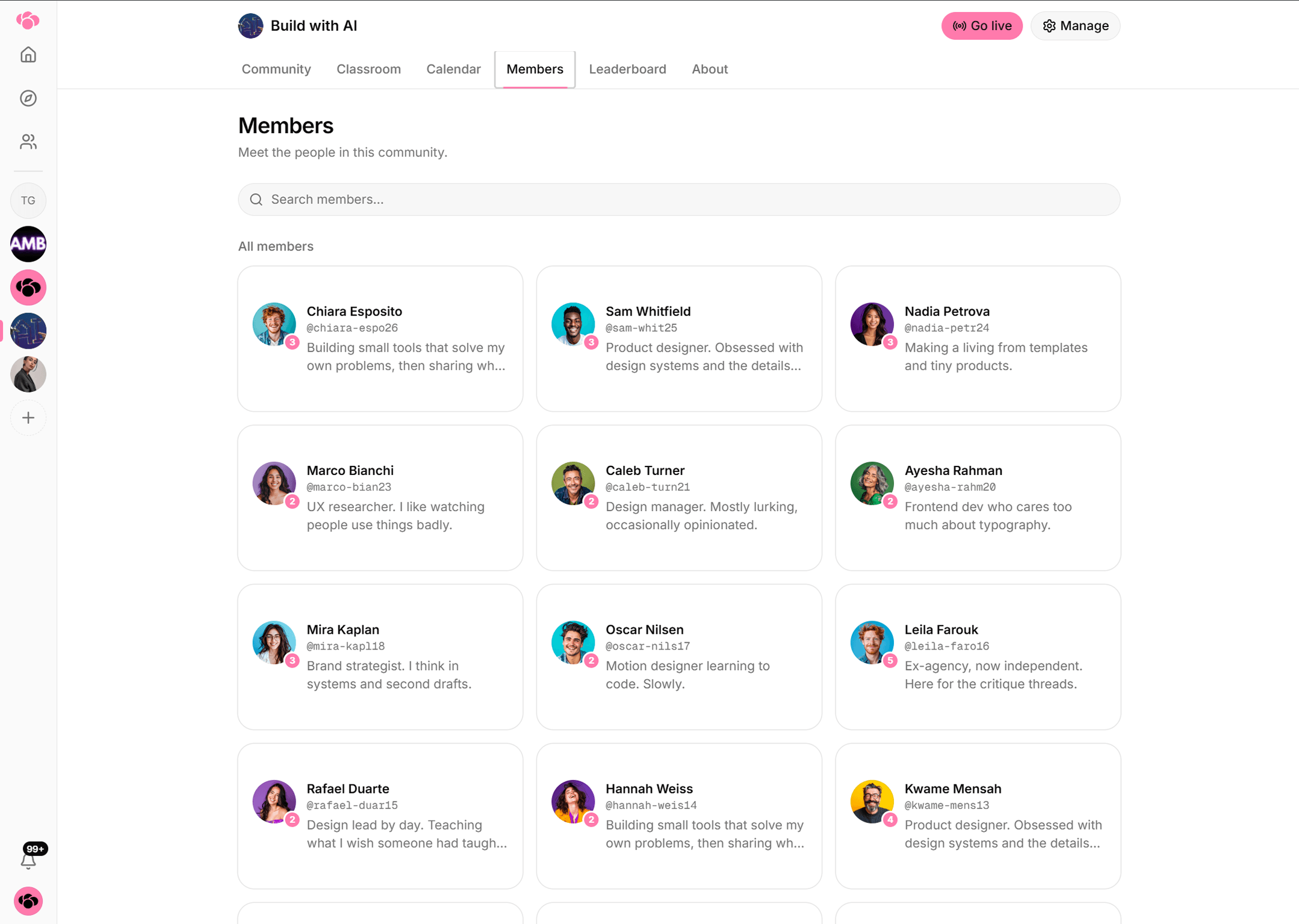 The community members list as a member sees it, showing avatars with level badges, names and handles.