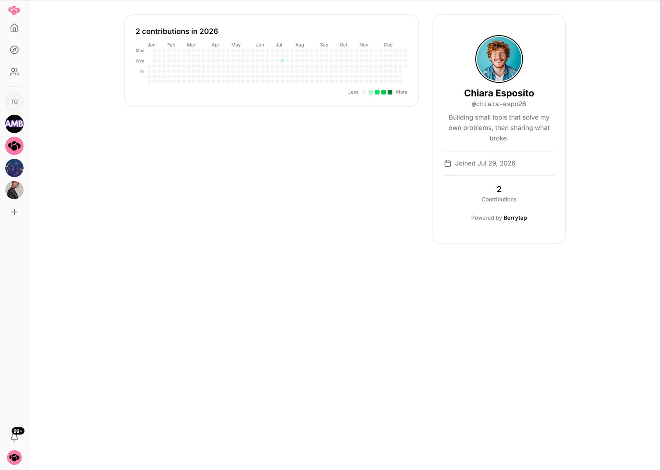 A member's public profile page showing their avatar, display name, handle, bio and social links.